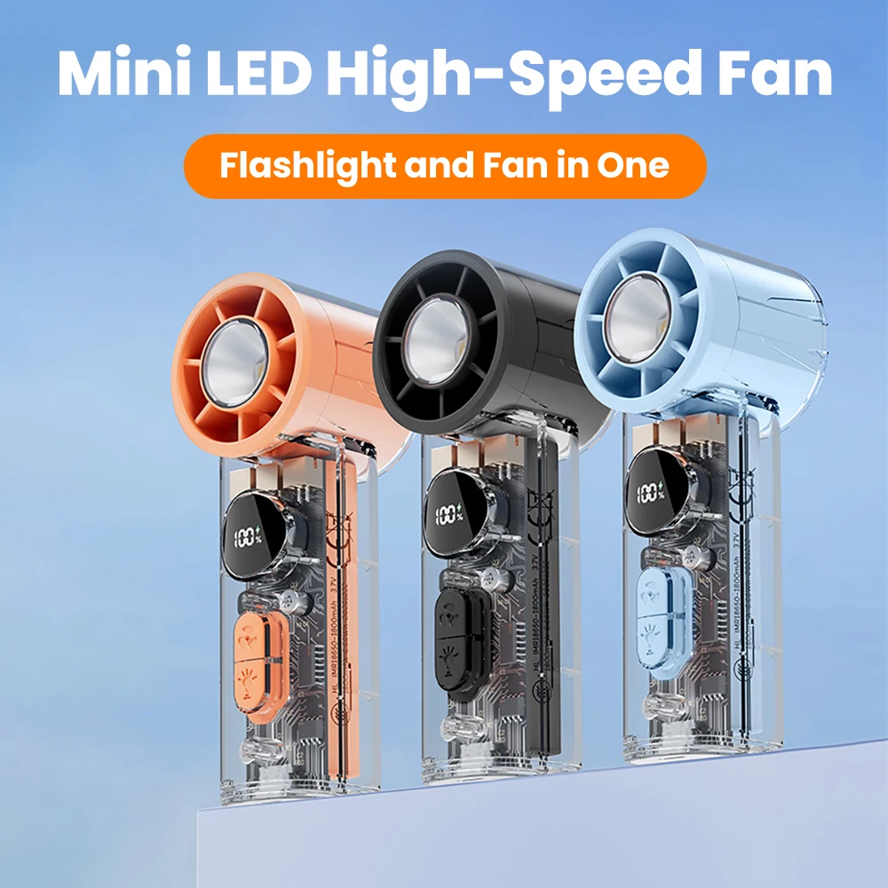 Portable Mini LED Handheld Fan 2 in 1 Transparent Flashlight Digital 100 Levels Brushless Motor Speed Adjustment Electric Fan