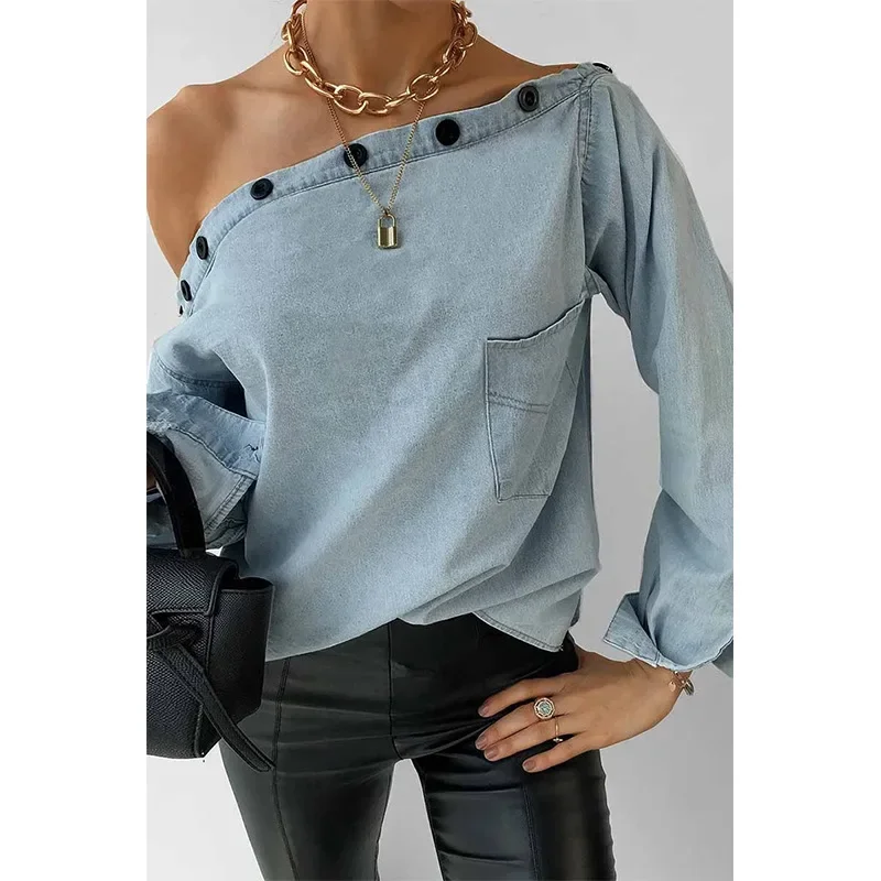 Lente Lange Mouw Onregelmatig Kraag Vrouwen Tops Koreaanse Stijl Blouses Voor Vrouwen Knoop Drop Shoulder Blouse Dame Blouse Vrouwen