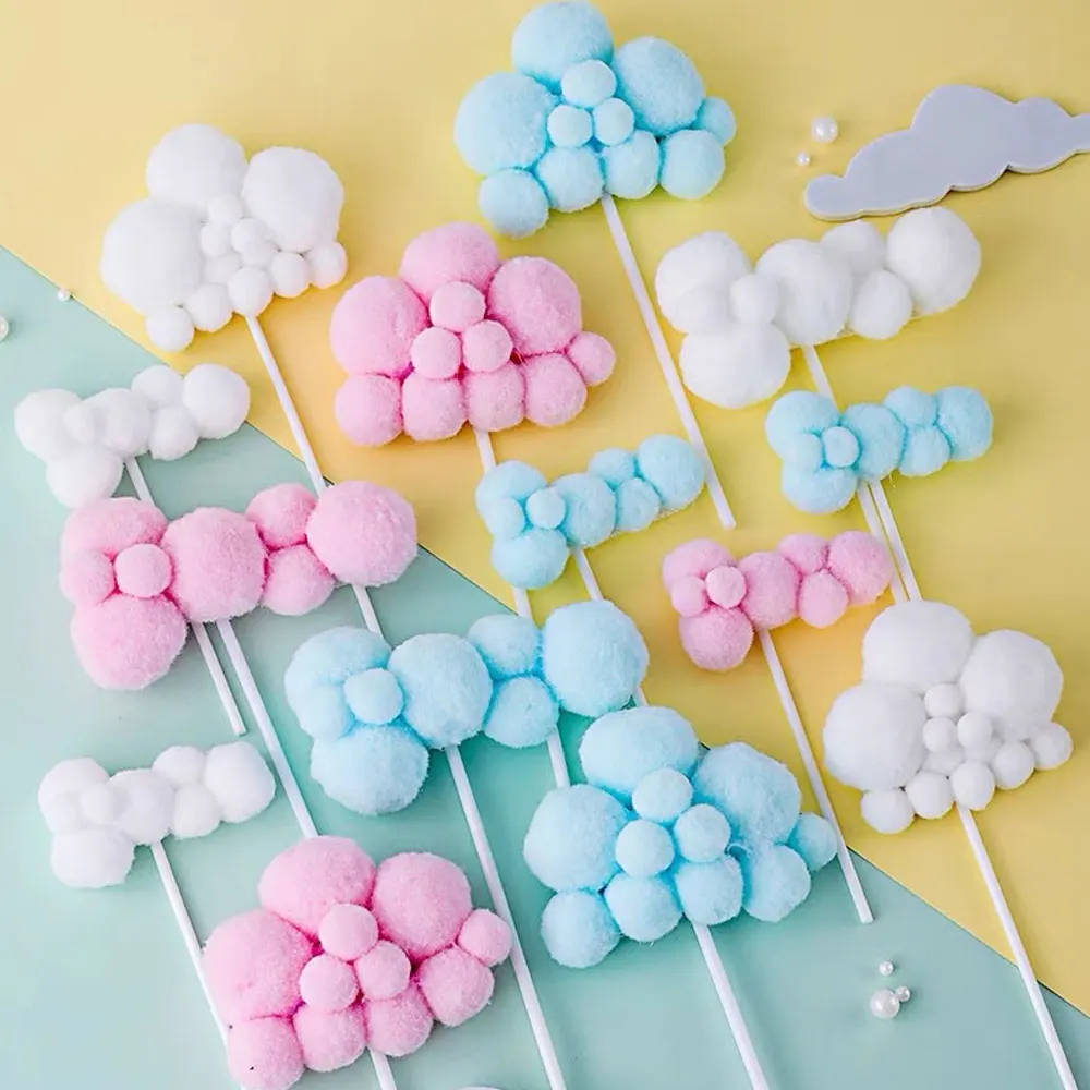 10/20Pcs Cloud Cake Toppers 8cm White Plush Yarn Ball Cloud Cupcake Toppers for Birthday Baby Shower Wedding Cake Decorations