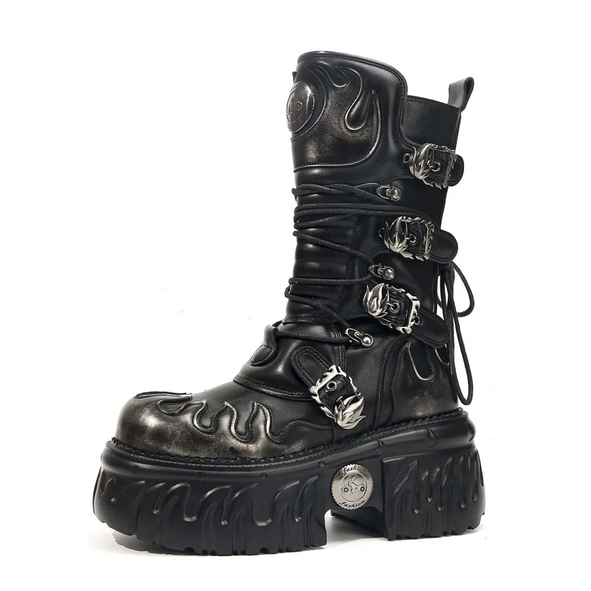 

Fashion Leather Women Motorcycle Boots Punk Rock Tank Sole Platform Metal Belt Buckle Mid-calf Goth Skull Boots Flame Pattern