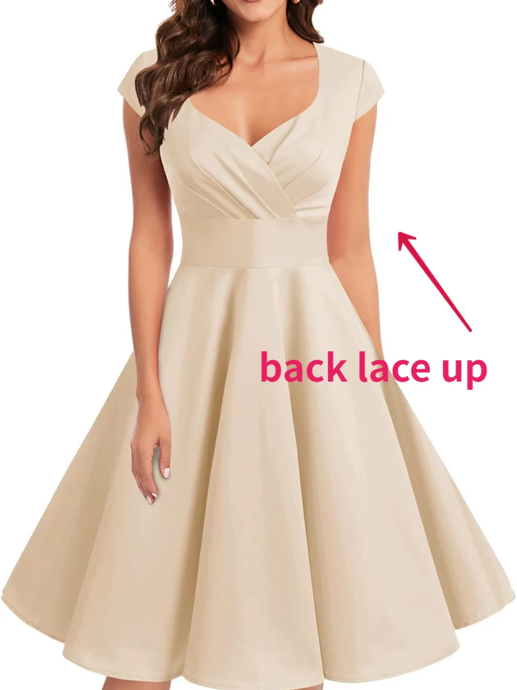 Customized Simple Elegant V-neck Sleeveless Prom Dresses Solid Temperament Slim Waist A-line Satin Pleated Cocktail Gown Back La