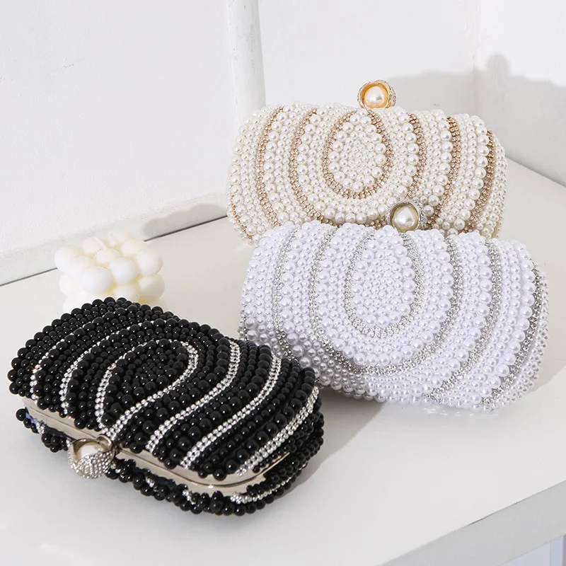 New Women Evening Clutches Vintage Ladies Pearl Dinner Handbag Hand-beaded Embroidered Bag Diamond-studded Banquet Dress Pouch