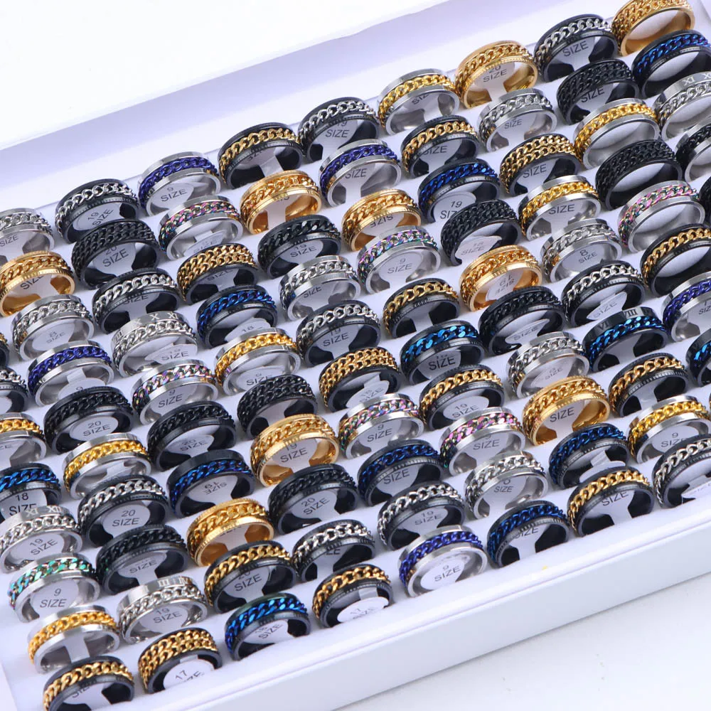 15Pcs/Lot Multicolor Spinner Stainless Steel Rings For Women Men Mix Style Fashion Rotatable Jewelry Party Gifts Wholesale