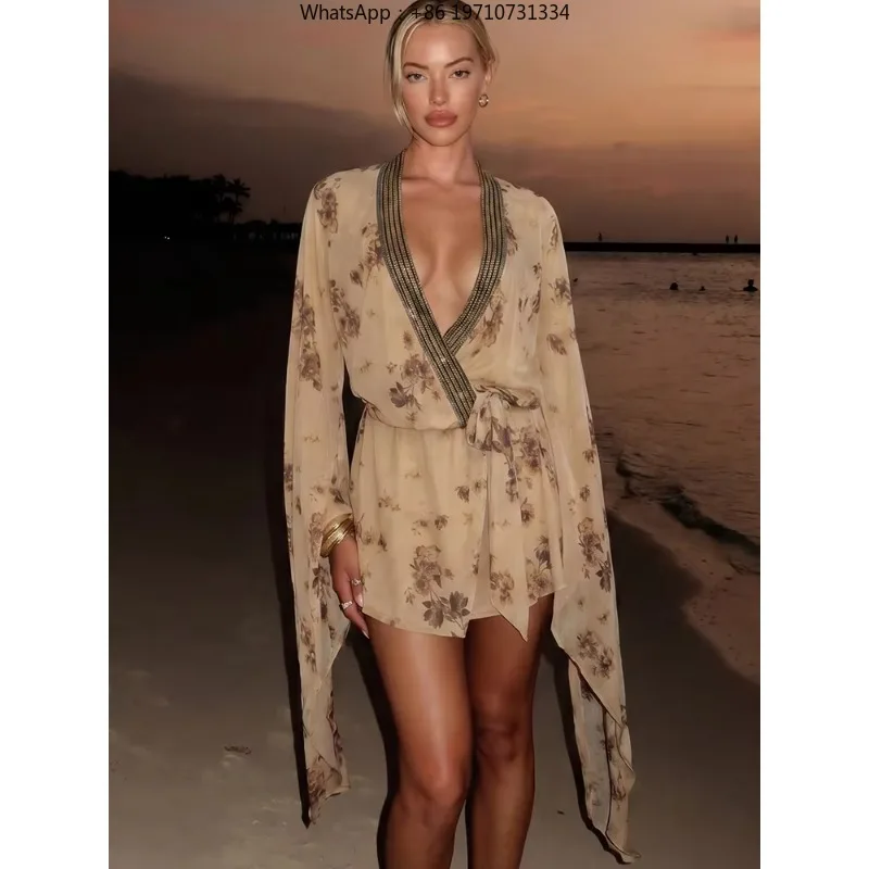 Women Flared Sleeve Floral Print Mini Dress Low Neck Sequins Patchwork Ruched High Street Elegant Bodycon Autumn Dress