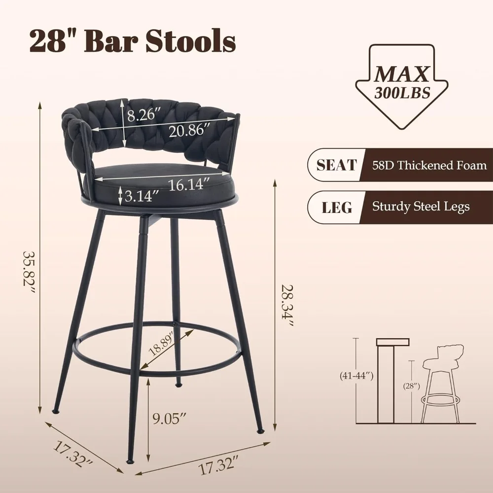 360 °   Juego de 3 taburetes de bar giratorios negros, taburetes de bar con altura de mostrador de 28 pulgadas, taburetes de bar modernos con respaldo tejido y tela de ante