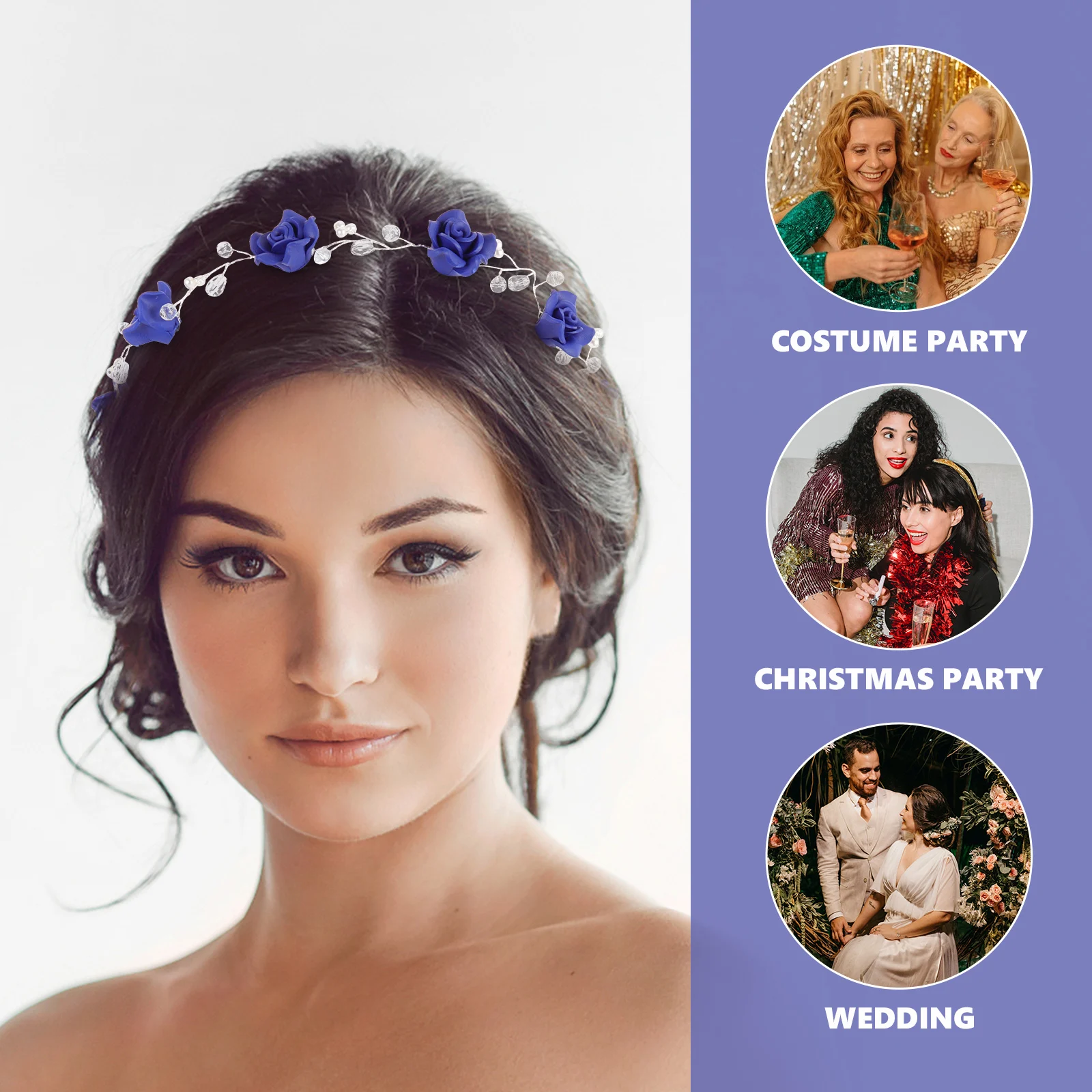 

Blue Hairband Bridal Rhinestone Headband Wedding Navy Flower Garland Tassel Crystal Decor Lightweight Stylish Elegant