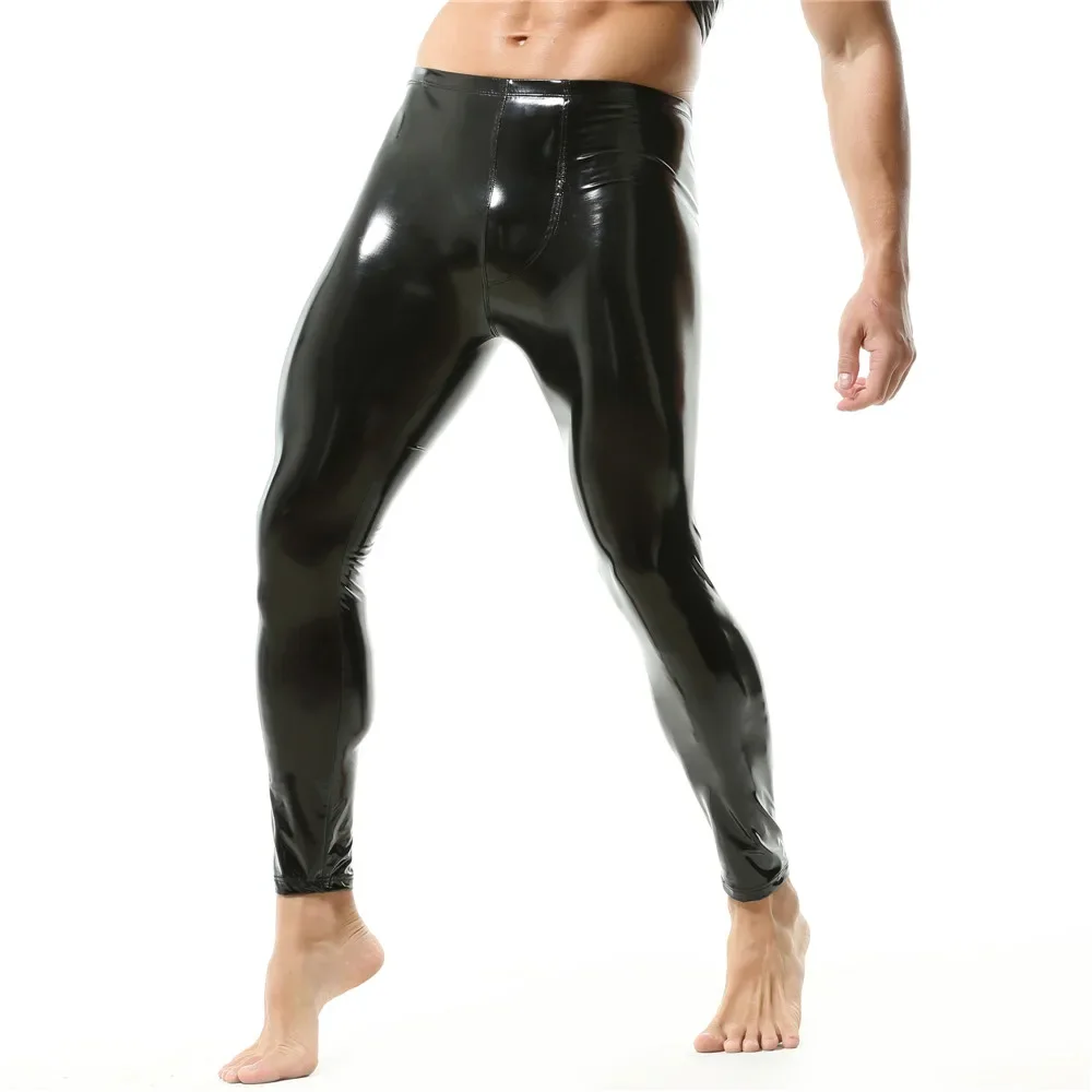 Black/Red Men\'s Leggings Patent Leather Tight Pants Slim PVC Skinny Long Trousers Nightclub Dance Stage Male Party Clubwear