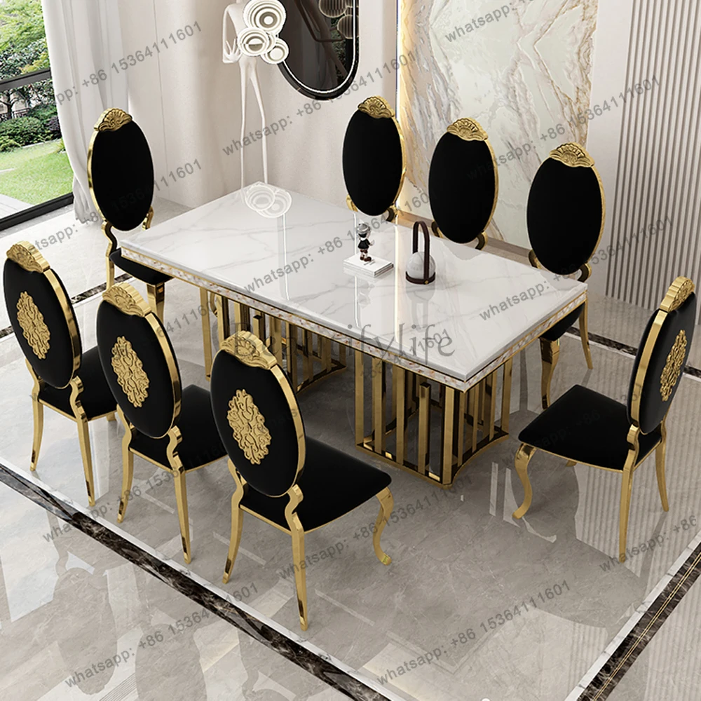 

Luxury Dining Room Set: 8 MANBAS Stainless Steel Genuine Leather Chairs, and Rectangle Table Made In Marble and Sea Shell