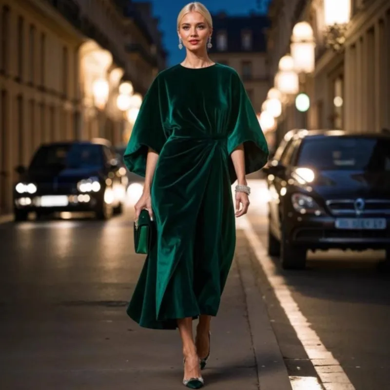

Women's Elegant Dress 2025 New Fall Winter Fashion Velvet Blet Party Dresses Casual Batwing Sleeve Solid Long Dress For Women