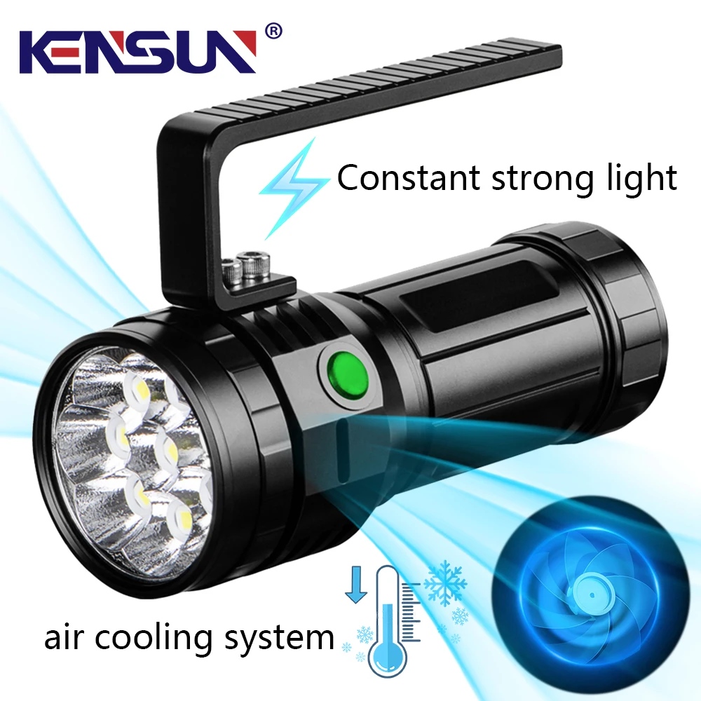 High Power Aluminum Alloy Large Flashlight Real High Lumens Rechargeable LED Lantern Torch with Smart Air Fan Cooling System