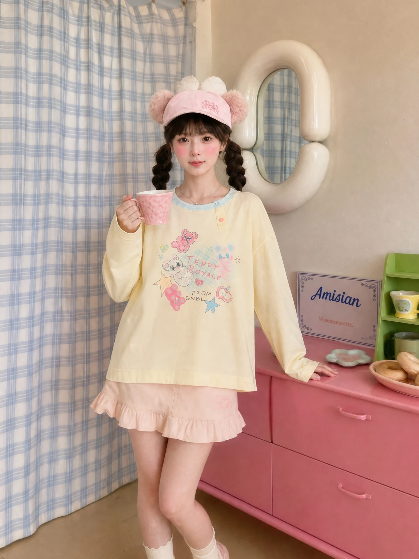 Loose Long Sleeve T-Shirt Women's Cartoon Bear Print Contrast Collar Early Autumn Sweet Style Standard Fit Breathable Casual Top