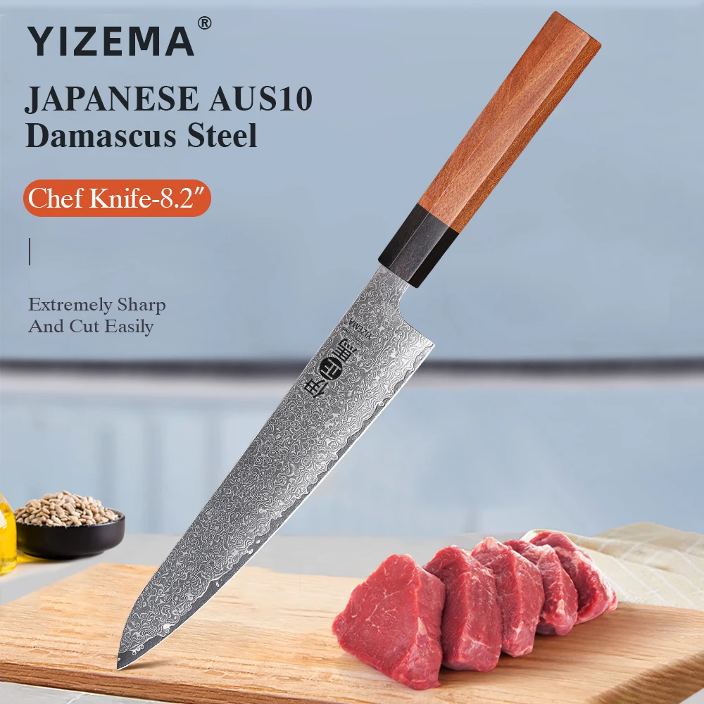 

YIZEMA 8.2" Japanese Gyuto Chef Knife AUS-10 Damascus Steel Hand Forged Cleaver Professional Kitchen Knives Sharp Cooking Tools