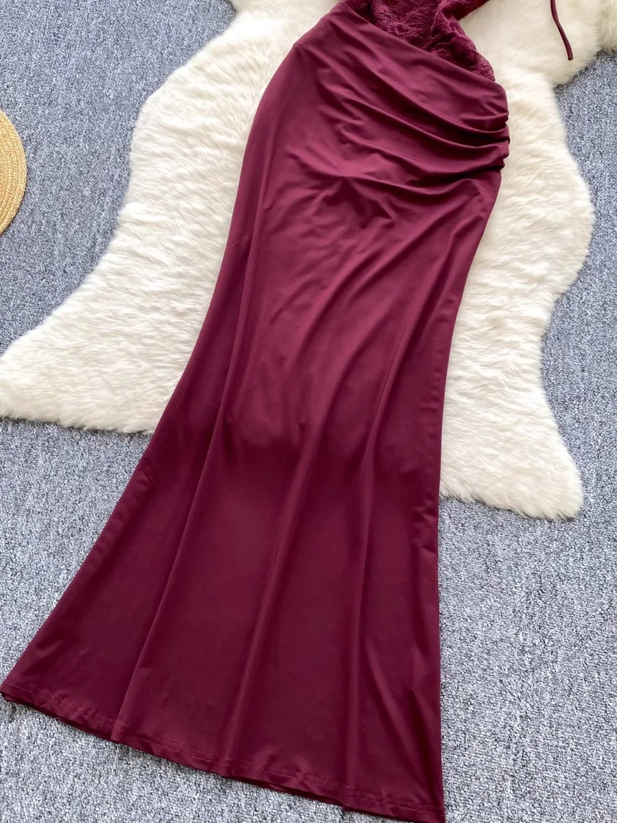 Foamlina 2025 Letnia Nowa Sukienka Bodycon Wieczorowa Damska Elegancka Bez Rękawów Koronkowa Wstawka Talia Obcisła Wino Czerwona Maxi Sukienka na Bal