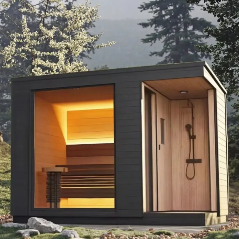 Pine Solid Wood Sauna Outdoor Wet Steam Sauna Combination Shower Room