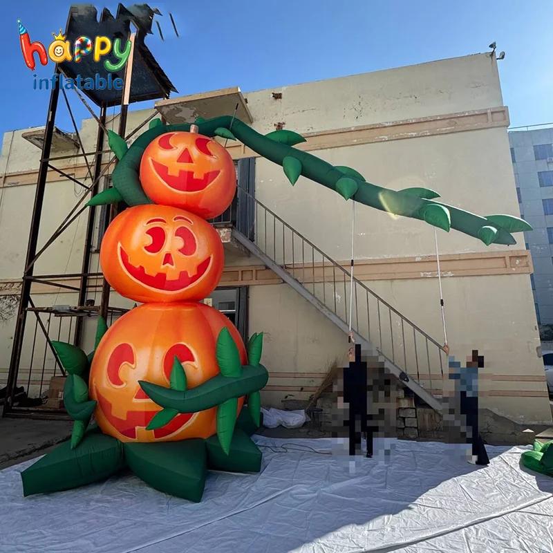 Custom Stacked Inflatable Pumpkins with Green Vines and Leaves Blow up Halloween Decoration