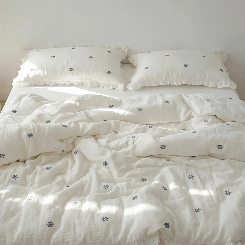 3Pcs Bluebell Embroidered White Bedding set, 110G LinenTextured Microfiber Soft Breathable Bedding 1 Duvet Cover 2 Pillowcases