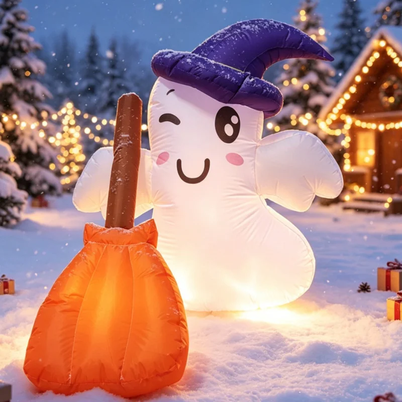 1.2M Cute Inflatable White Ghost Wearing Wizard Hat Carrying Broom Halloween Decoration Outdoor Garden Yard Party Supplies