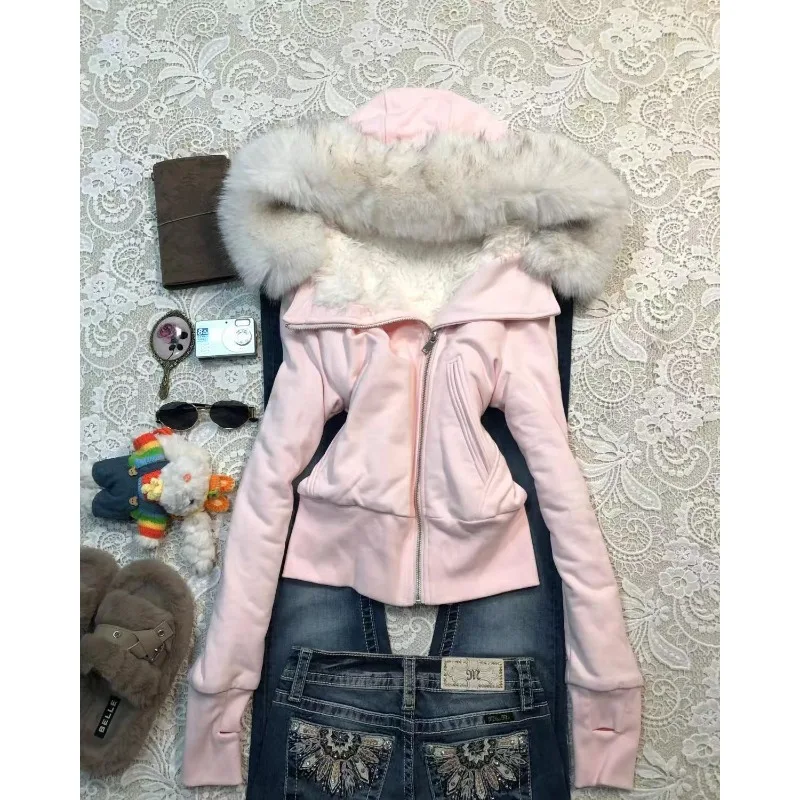 هوديي أبيض 2000s ملابس لطيفة للفتيات حار ملابس الشارع الشهير شارع العليا الكلاسيكية الحد الأدنى سترة غير رسمية فريدة من نوعها فو الفراء طوق هودي