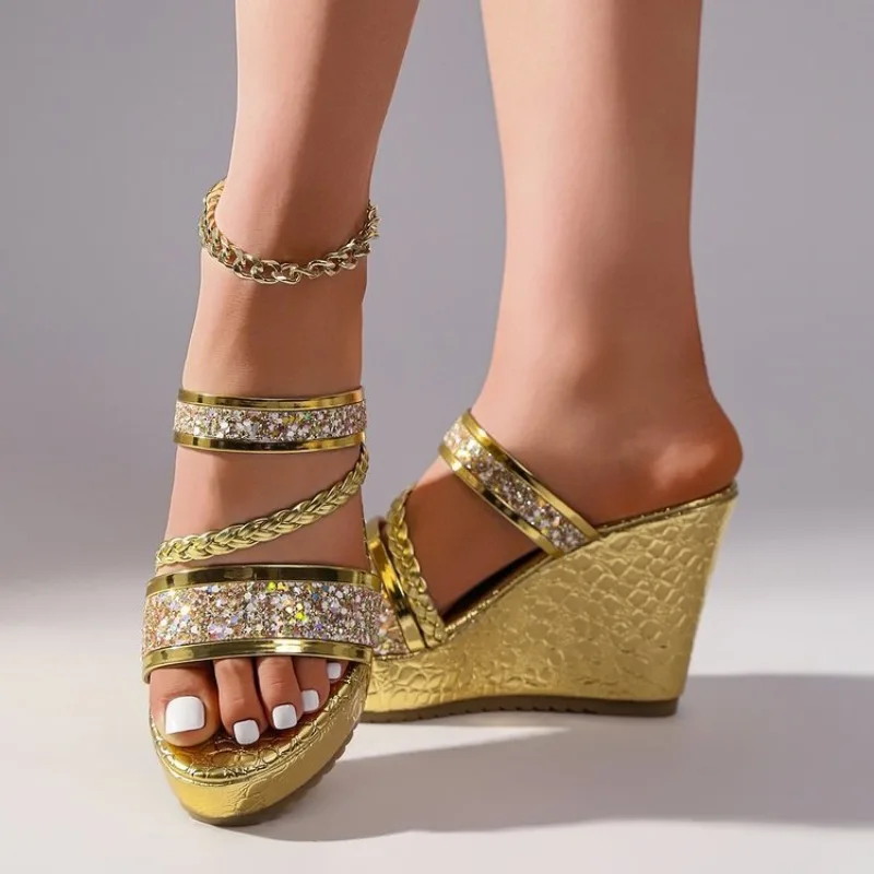 36-42 Plus Size Shoes for Women Summer Round Toe Platform Wedge Slip on Sequin Fashion Slippers Party Evening Dress Sandals view 2