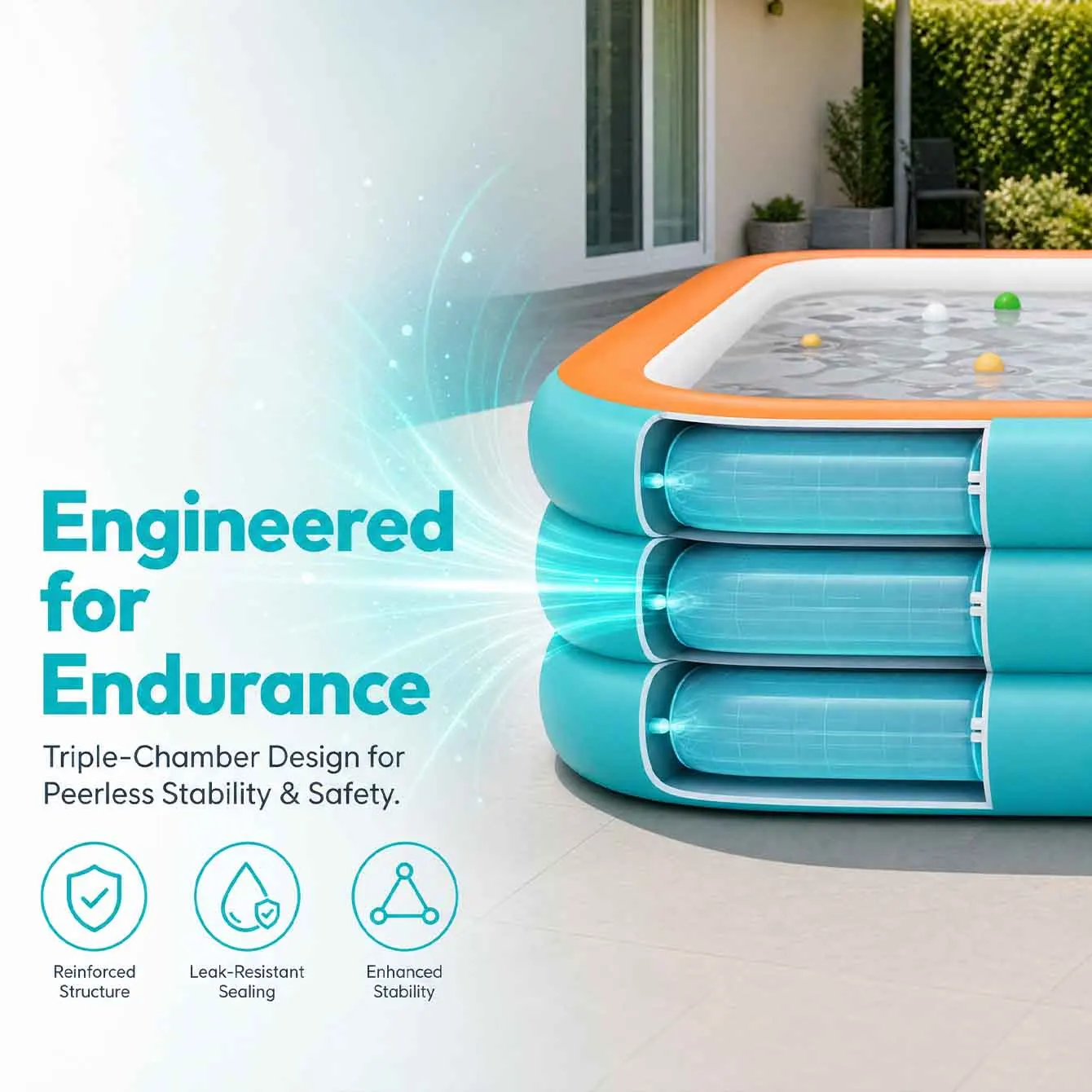 Large Inflatable Pool Set, 3 Layer PVC Rectangular Swimming Pool for Outdoor Garden Summer Use