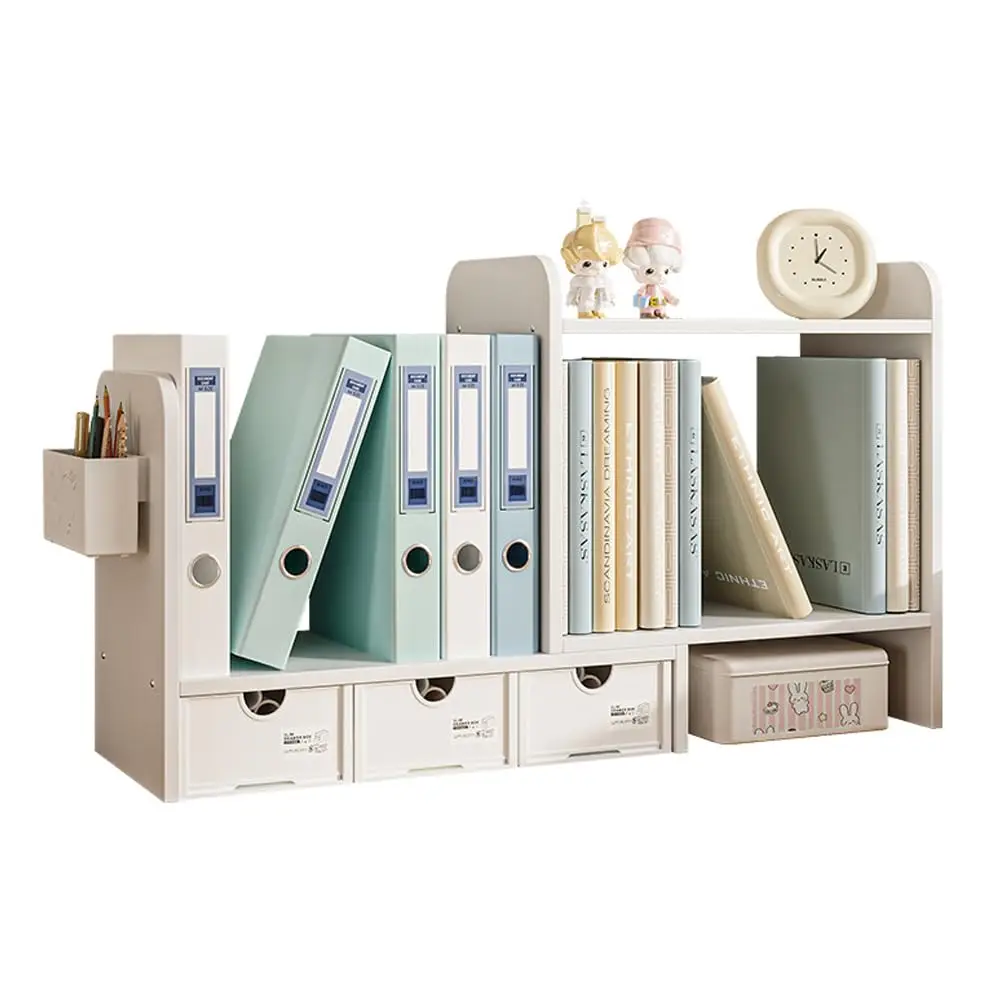 

Adjustable Desktop Bookshelf With Drawers, Wood Counter Bookcase Display Shelf Storage Organizer For Office Supplies (White)