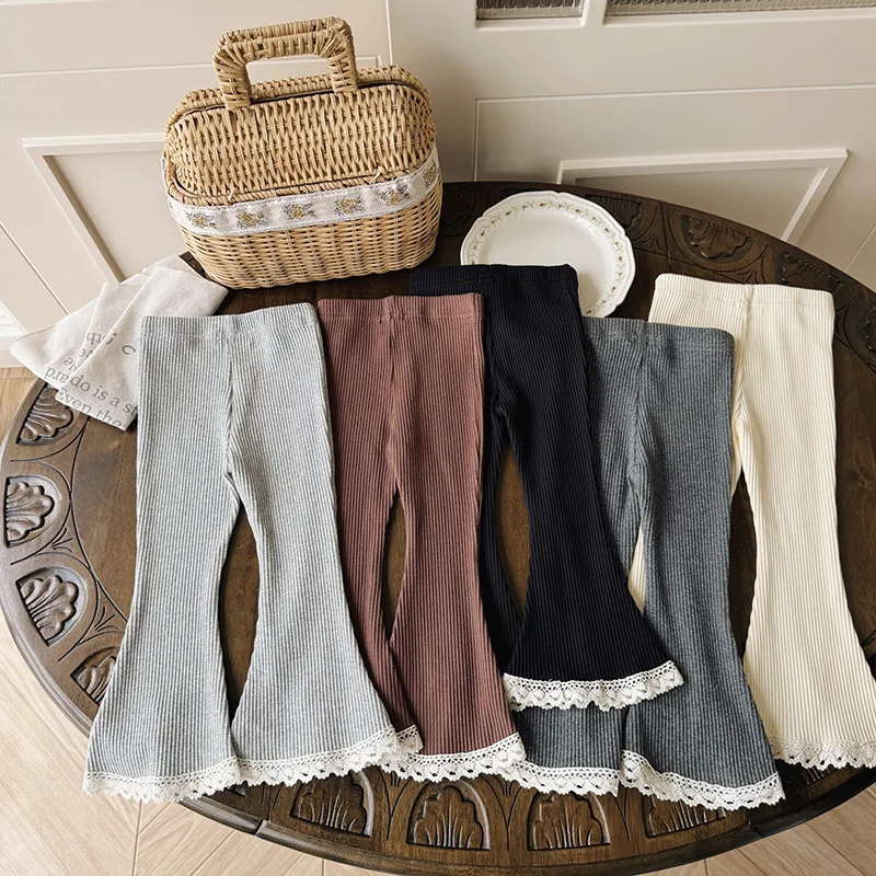 Kids Bell Bottom Pants - Elastic Waist Knitted Lace Flare Pants for Girls, Spring Fashion Cute Comfortable Trousers