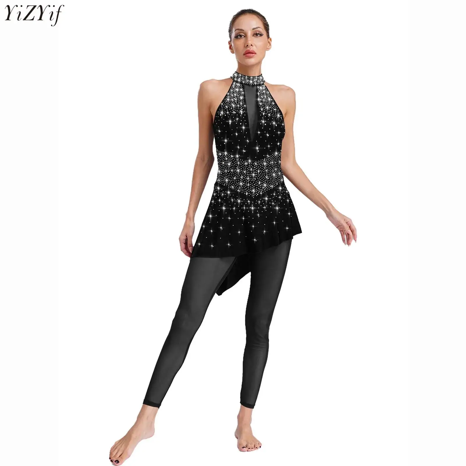 Womens Gymnastiek Kunstschaatsen Dans Jumpsuit Mouwloos Sheer Mesh Patchwork Glanzende Steentjes Onregelmatige Mesh Rok Turnpakje
