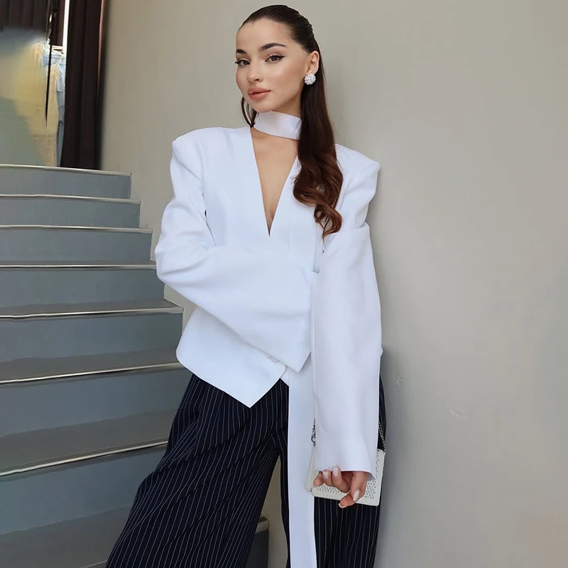 Tornova V Neck Scarf Blazer Coat For Women Long Sleeve Casual Commuting Suits Coat 2025 Fashion Buttons Slim Short Outwear Lady