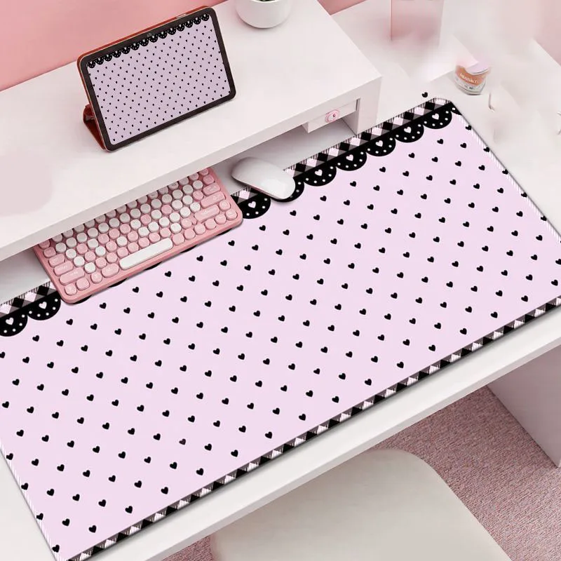 Full Screen Love Heart Lace INS Girl Leather Desk Pad Protector Y2K Mouse Pad Office Desk Mat Non-Slip PU Desk Blotter Pad