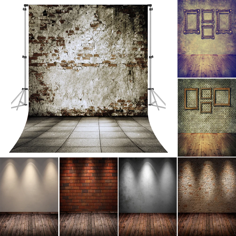 Grunge Gradient Brick Wall Wooden Boards Floor Interior Baby Children Portrait Photography Backdrop Background for Photo Studio