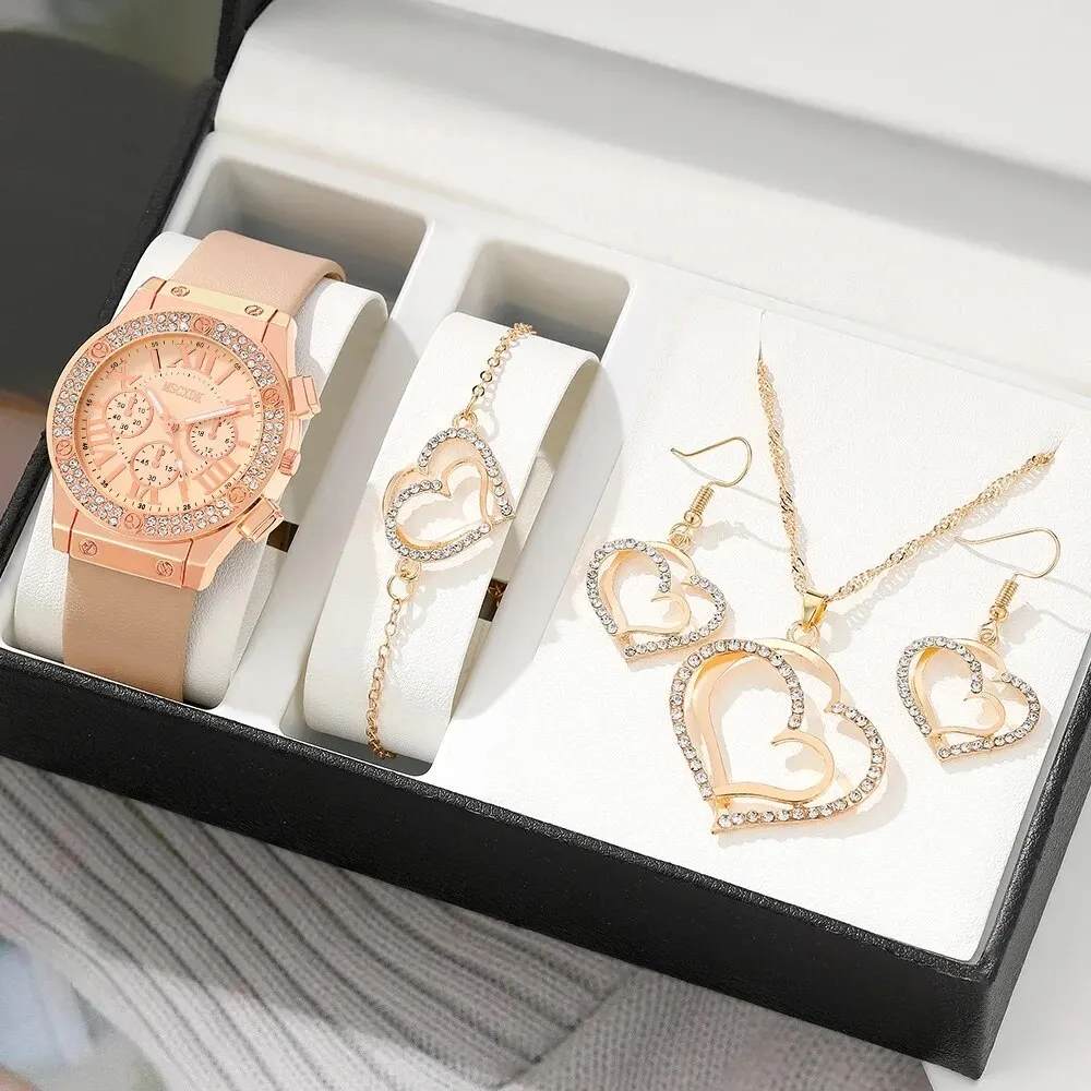 5PCS Set Fashion Women Jewelry Watches Ladies Dress Leather Quartz Watch Rhinestone Womens Necklace Earrings Bracelet Wristwatch