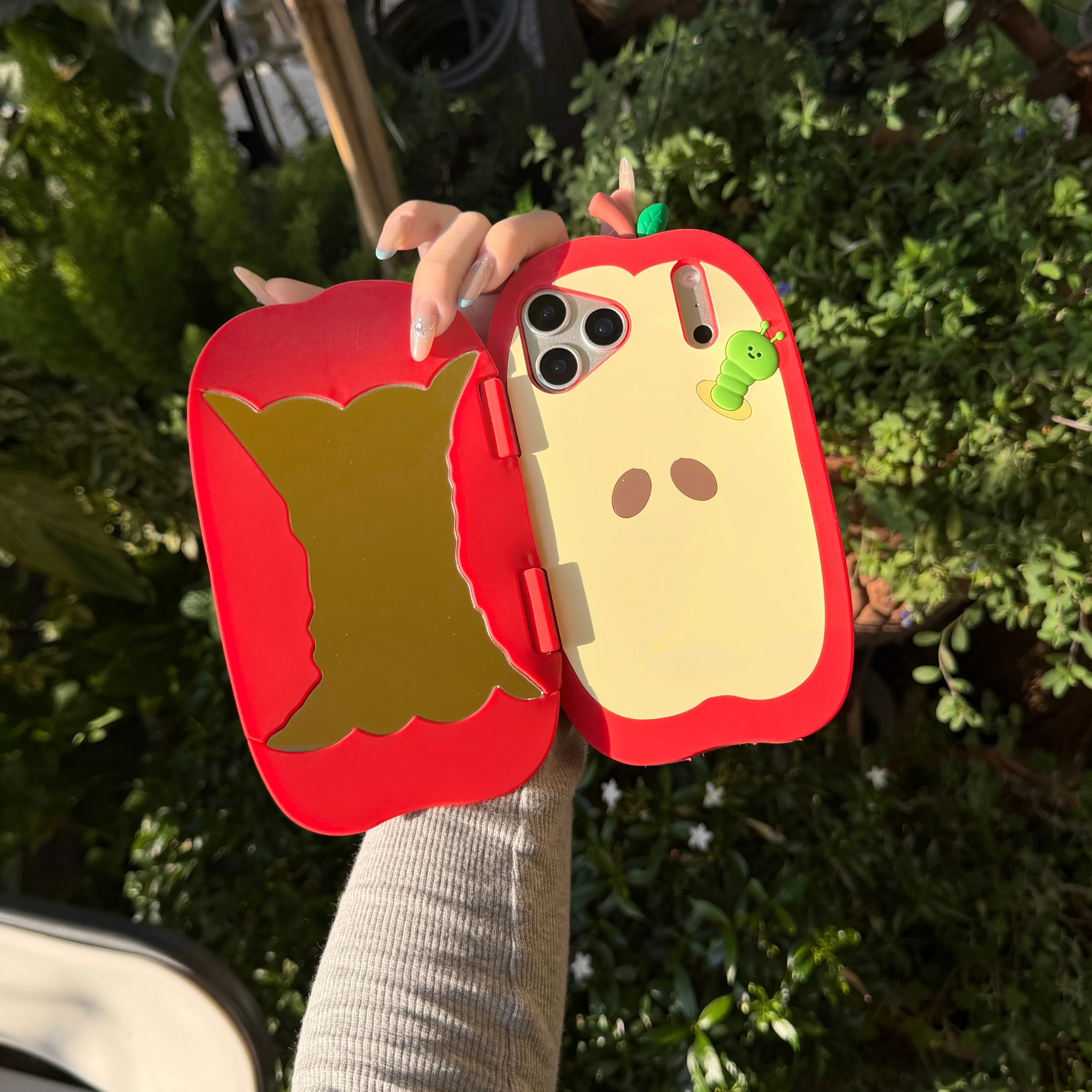 

Kawaii 3D Apple Shape Flip Phone Case With Mirror for iPhone 17 14 15 Pro 16 Plus 13 12 Pro Max Fundas Silicone Shockproof Cases