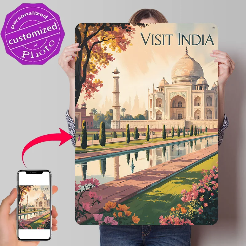 Visit India: Taj Mahal Travel 3D Texture Printed Poster Custom Vintage Metal Tin Plate Sign for Wall Art Gaming Room Decoration