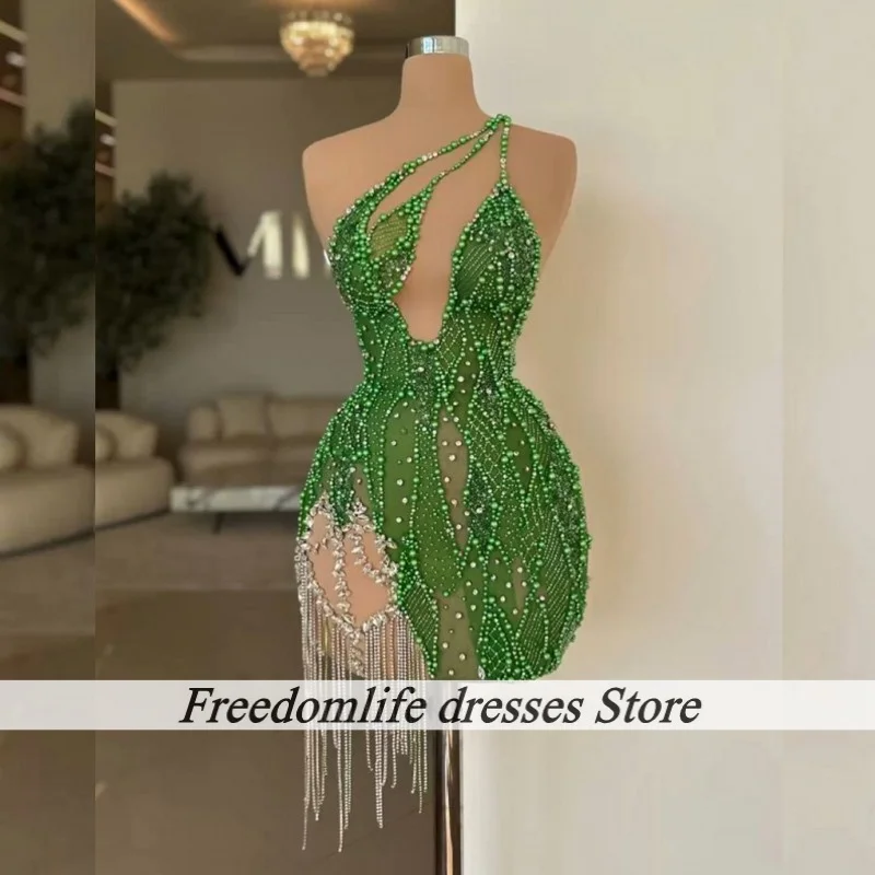 Grüne Perlen-Quaste, eine Schulter, Geburtstagskleider für afrikanische Mädchen, 2025, luxuriöses Mini-Abschlussballkleid mit Perlen, Heimkehrkleid, individuell gestaltet