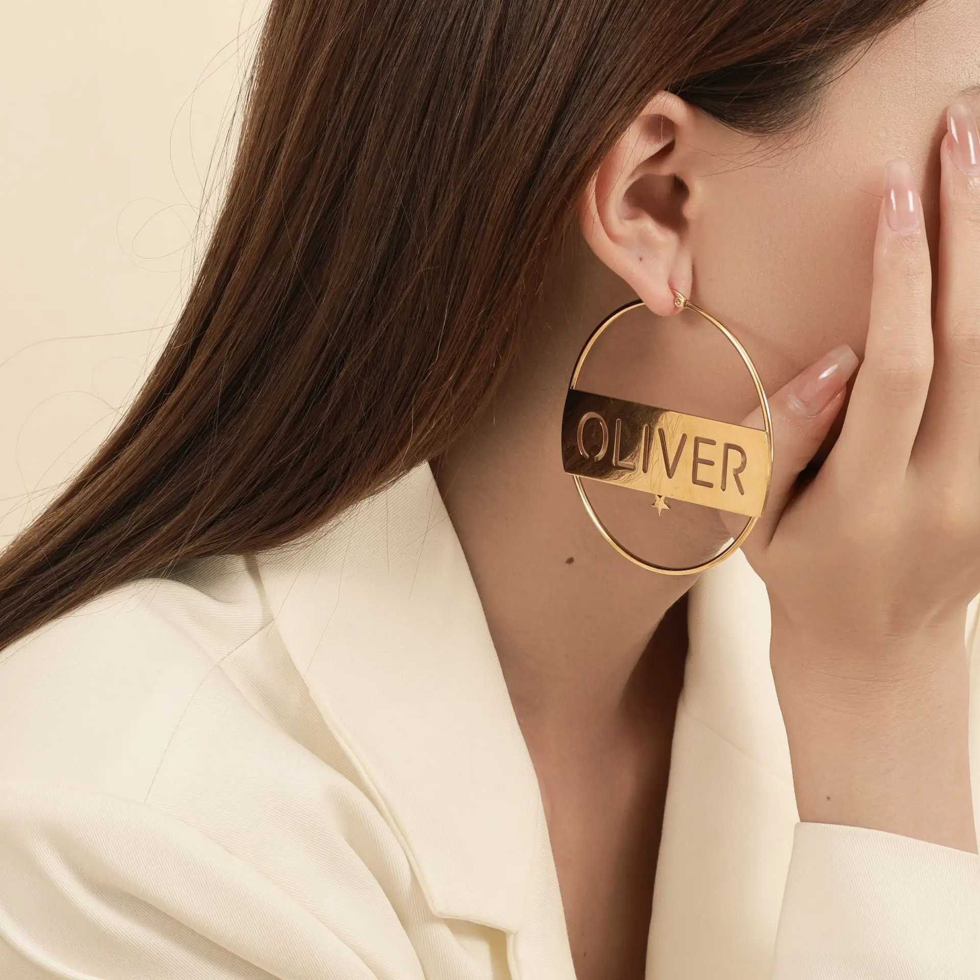 Customize Stainless steel English letter exaggerated round earrings DIY custom name earrings for women  Fashion ladies couple bi