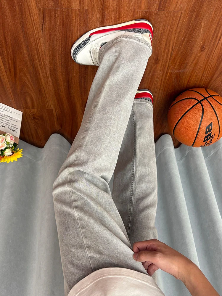 

Cement ey Flared Jeans Men's High Street American Vibe Slim Straight Leggings Wear Resistant Middle Waist Zipper Casual