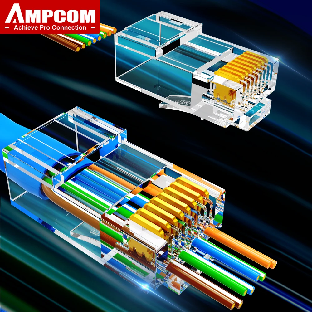 

AMPCOM RJ45 разъем 50U позолоченный CAT7 CAT6 CAT5E проходят через модульный разъем 8P8C обжимной Конец для сплошного провода стоящего Ethernet