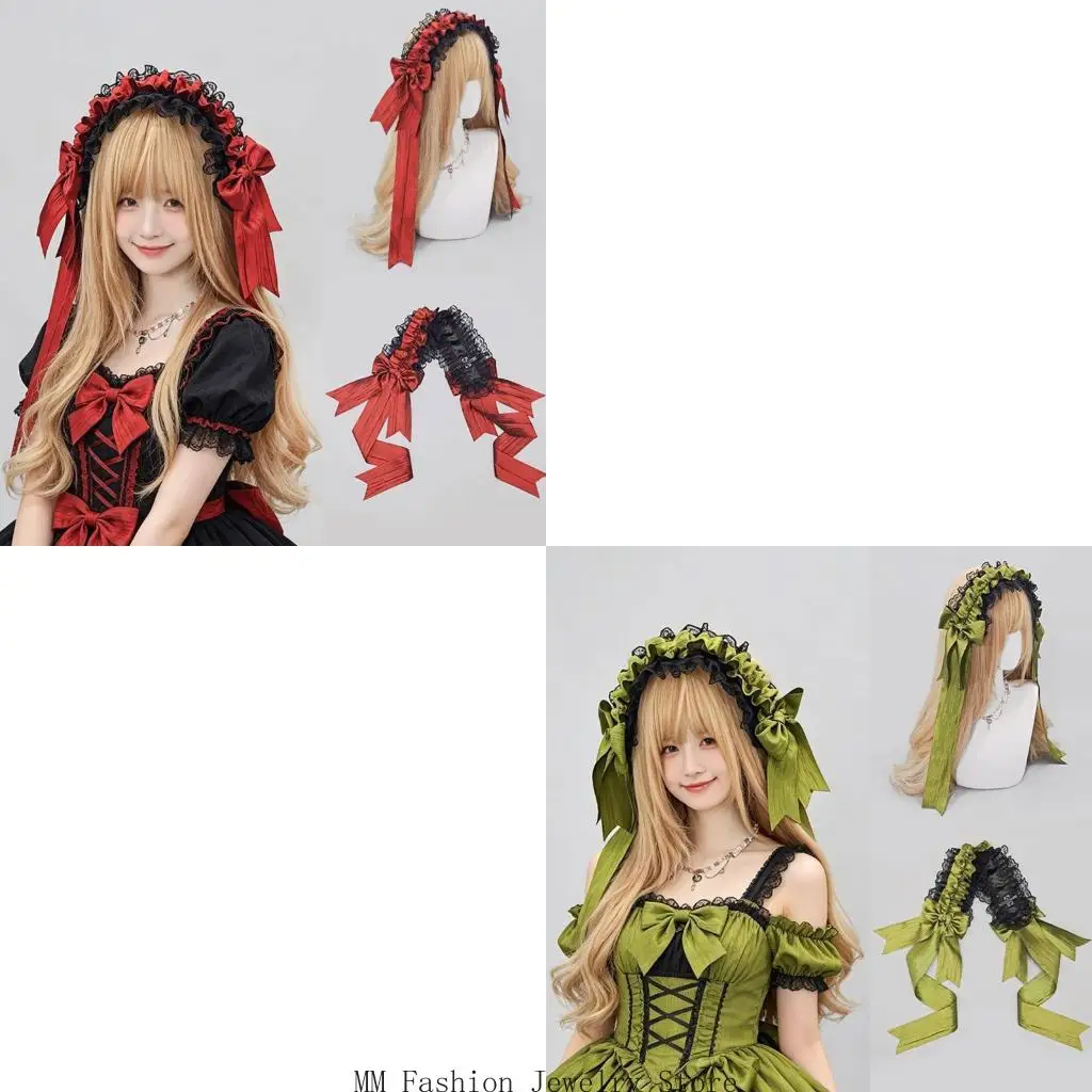 Charm Ruffle Lace Headband With Ribbon Bowknot Decoration For Female Teen Girls Maid Costume Hairband For Role Play Outfit