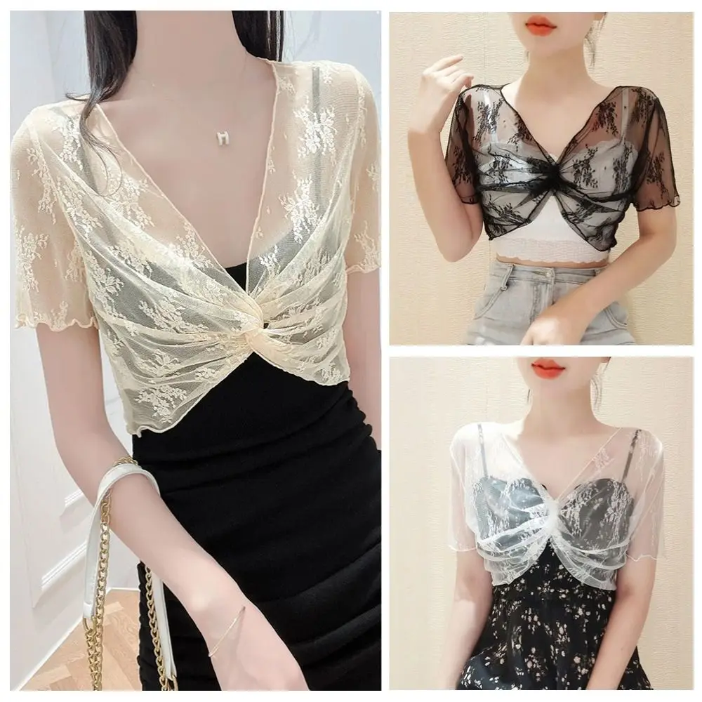 Lace Fabric Lace Shrug Top Short Length V Neck Cut Short Sleeve Cardigan Slim Fit Cut Short Sleeve V Neck Outer Cover