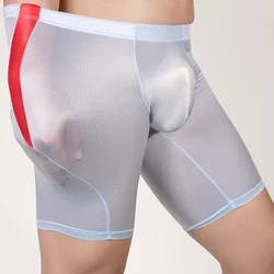 Mens Long Boxers Briefs Oil Shiny Glossy Shorts Soft Pouch Stretchy Underwear Smooth Panties Hombre Running Lengthening Lingerie