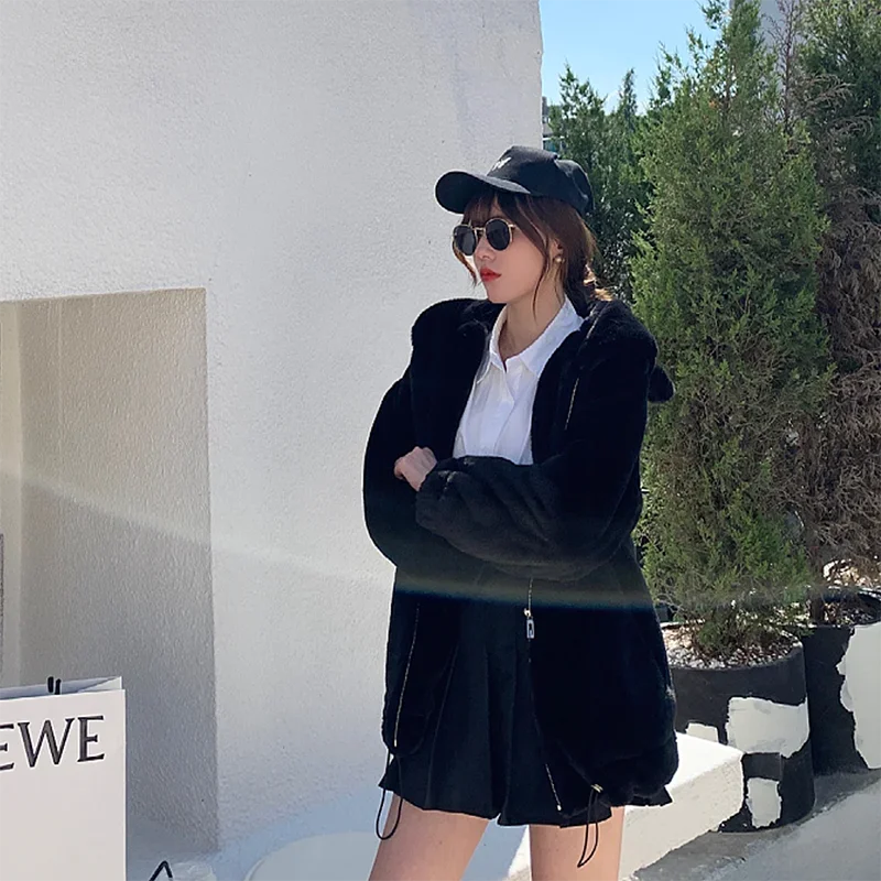 الخريف الشتاء سميكة عالية الجودة عادية مقنعين فو الأرنب معطف الفرو المرأة فضفاضة الخصر الرباط الكورية لينة وهمية الفراء ملابس خارجية