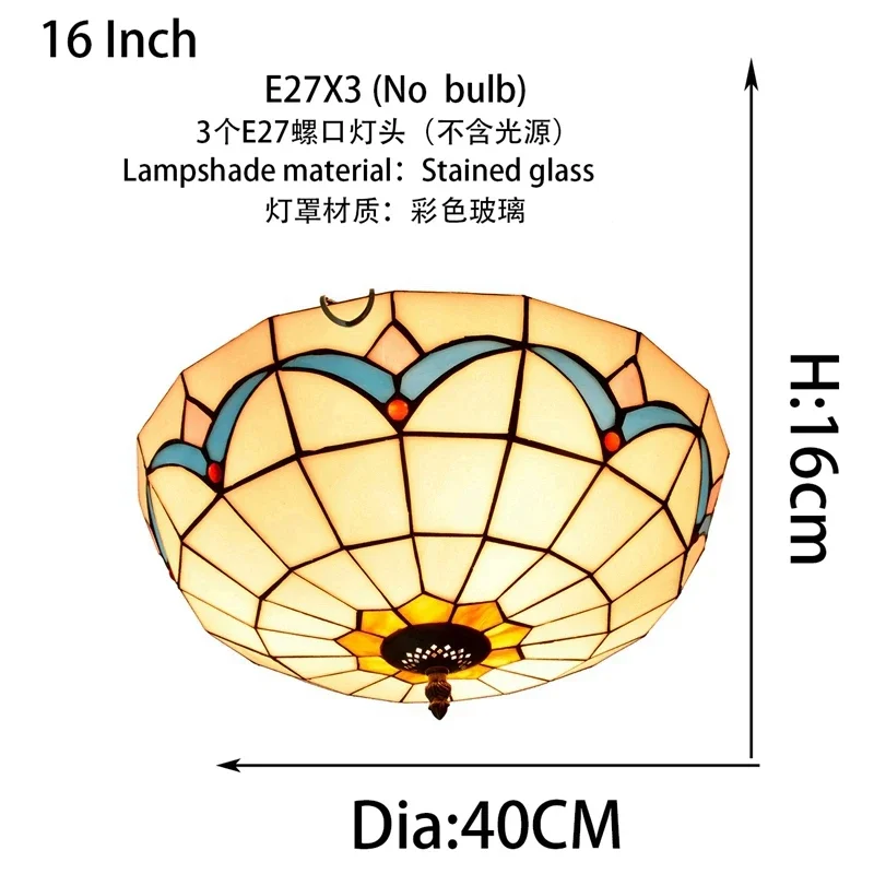 16 Inch Pastoral Tiffany Style Ceiling Light for Living Room Vintage Stained Glass Flush Mount Ceiling Lighting Fixtures Lamps