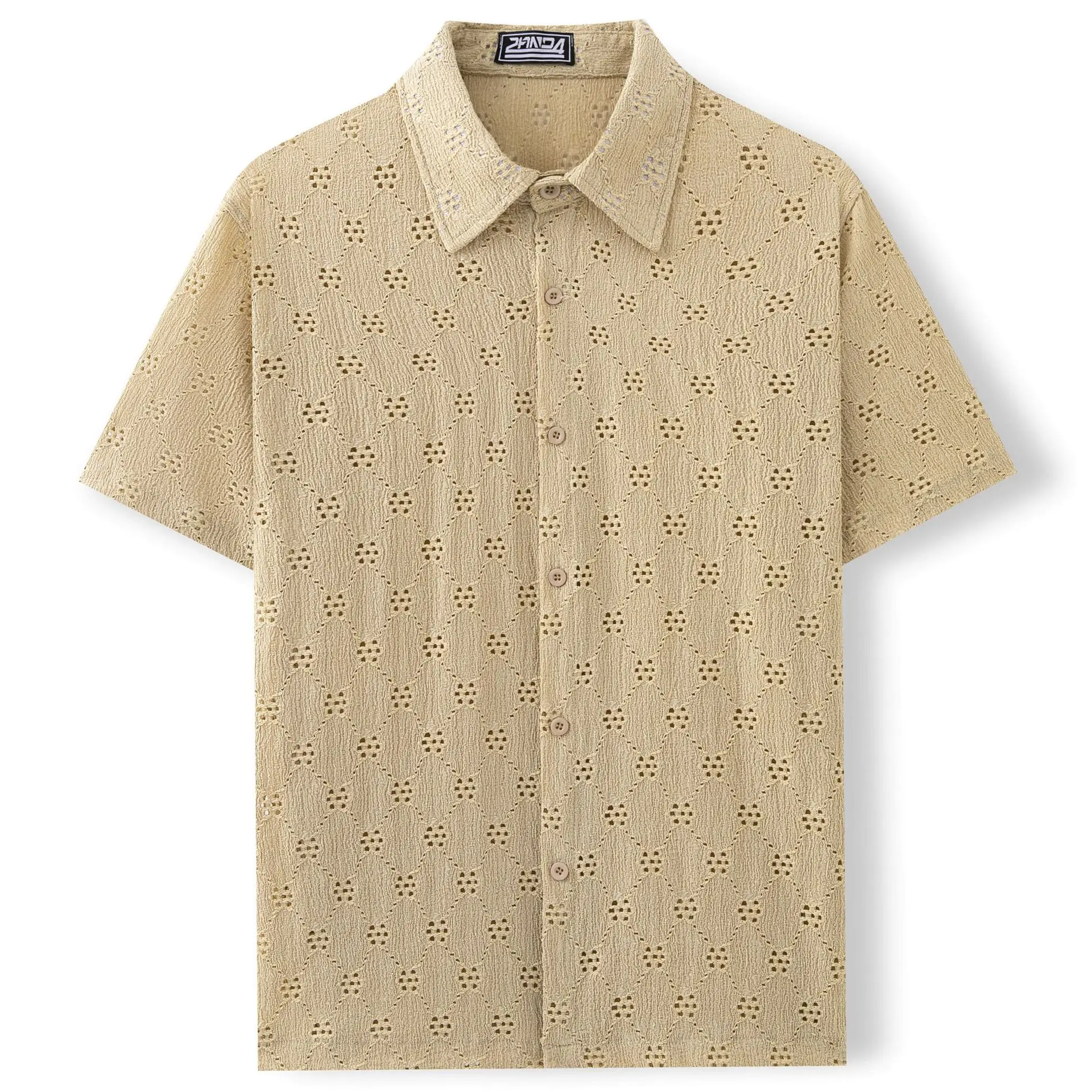 Men Hollow Jacquard Shirt Summer Casual Short Sleeved Lapel Hawaiian Shirts Designer Clothes Men