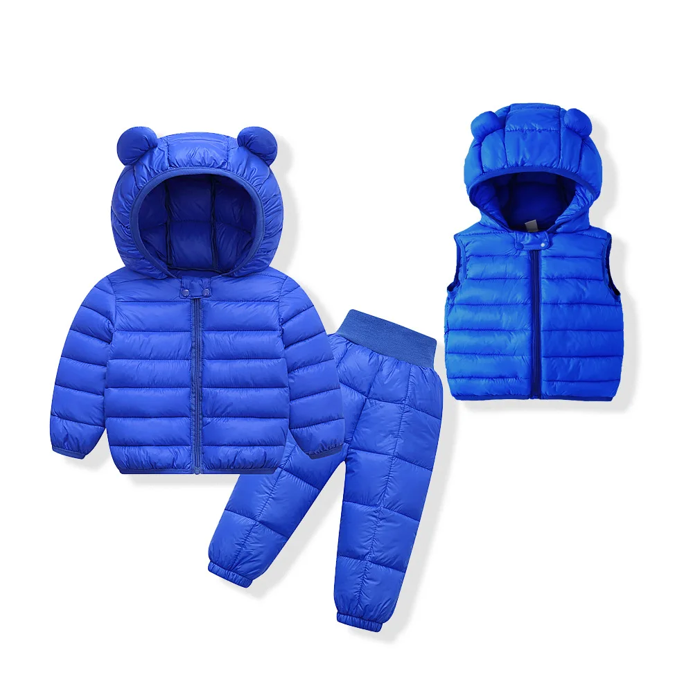 Autumn and winter children\'s lightweight cotton-padded suit boys and girls cotton-padded jacket+ trousers+ waistcoat 3-piece set