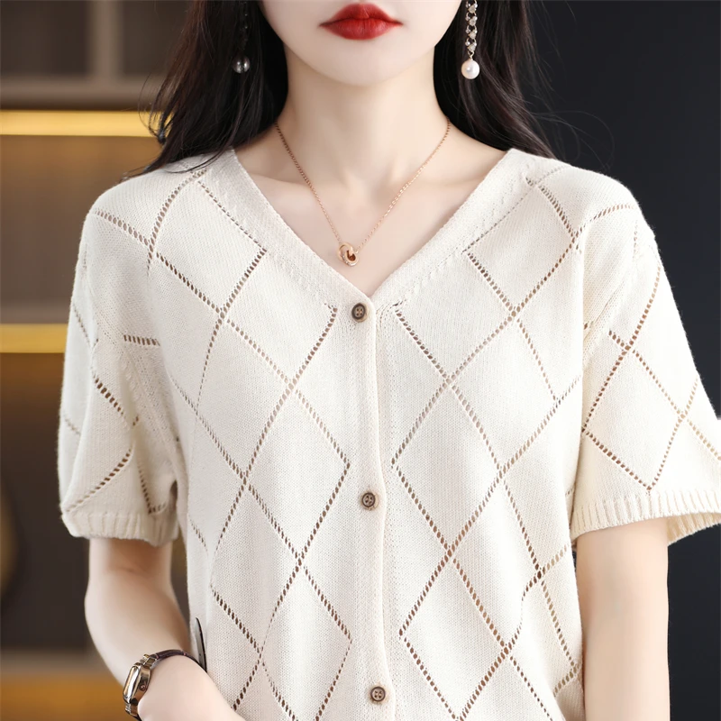 Women\'s T-shirt Spring/Summer 100% Cotton Sweater Short Sleeve Solid Color V-Neck Ladies Tops Loose Blouse Hollow Cardigan Tees