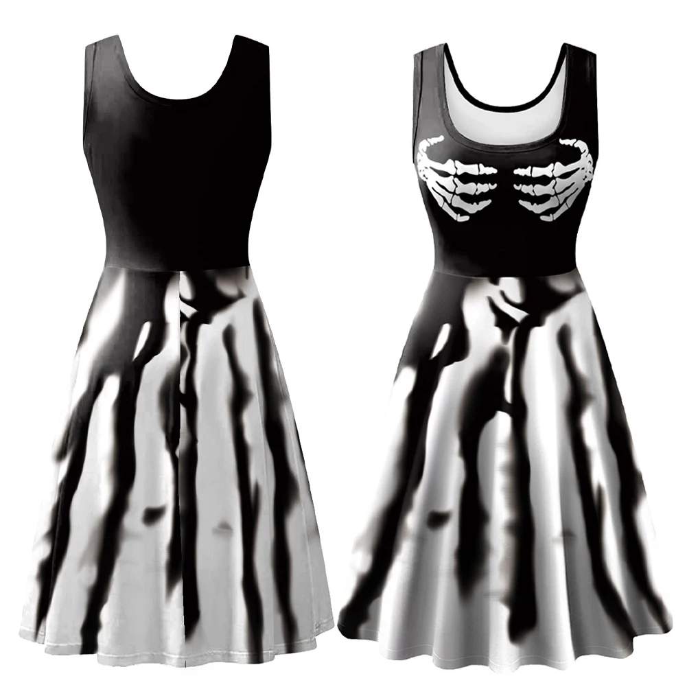 Vestido con estampado de esqueleto de murciélago para mujer, traje de Cosplay para Halloween, carnaval, fiesta, traje de RolePlay para mujer adulta