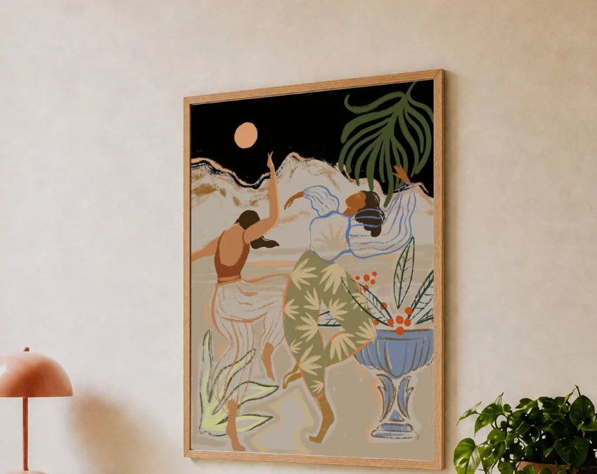 Boho Dancing Women Wall Art, Moon Night Tropical Botanical Print, Abstract Female Figure Home Decor Poster