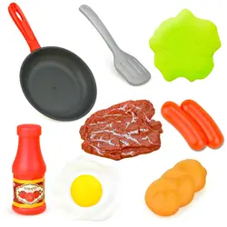 Juego de utensilios de cocina de simulación, olla, bistec, pan de verduras, tortilla de perro caliente, juguetes de comida para niños, 8 piezas por juego