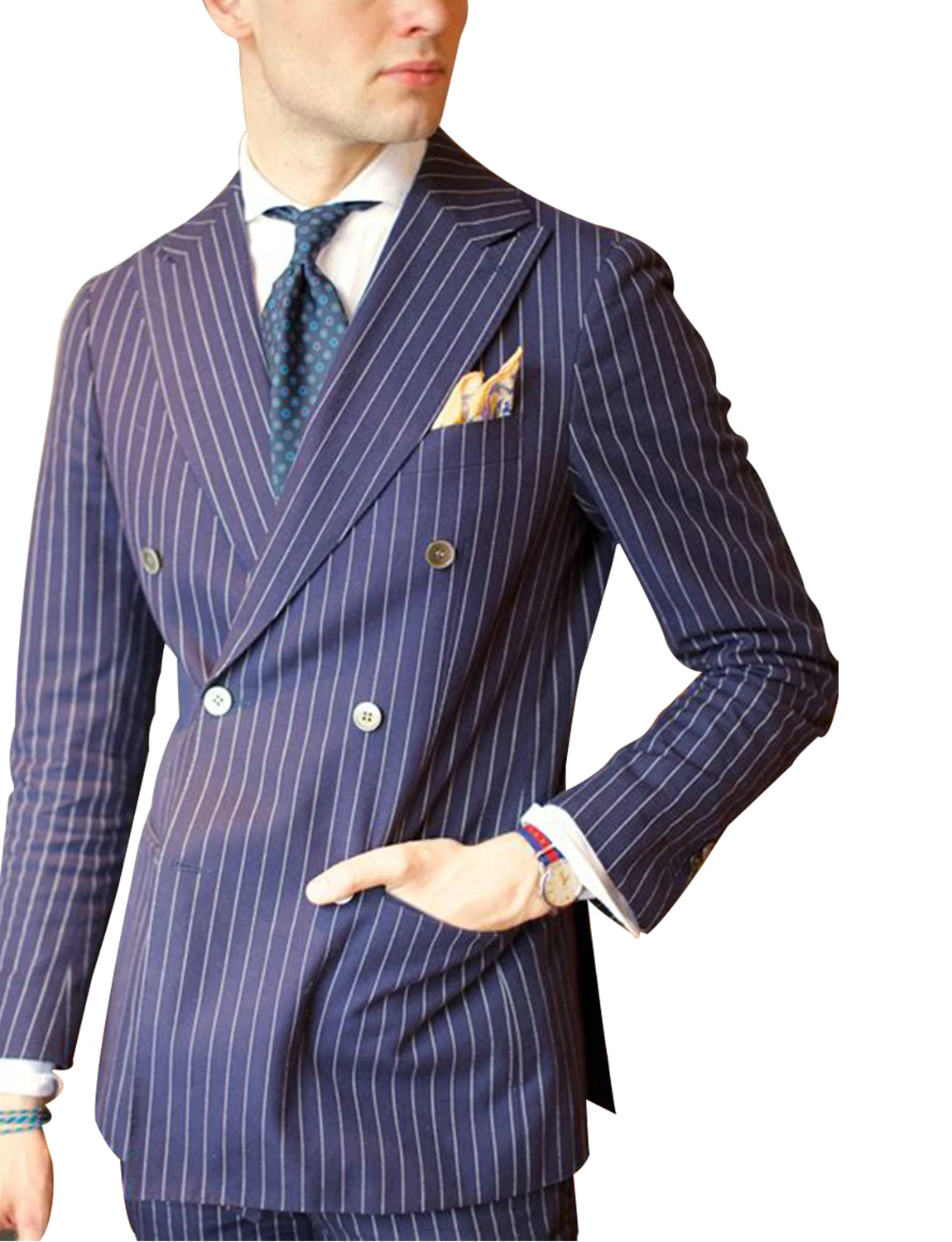 

Men's Blazer Decorative Buttons Stripe Coat for Office Party Groom