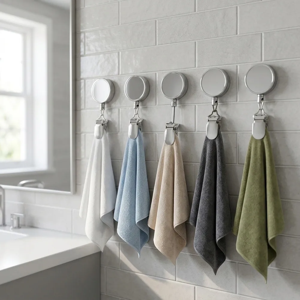 5 Count Retractable Towel Clips Zinc Alloy Body 60CM Extension Capability for Mounting on Non Porous Surfaces Without Tools